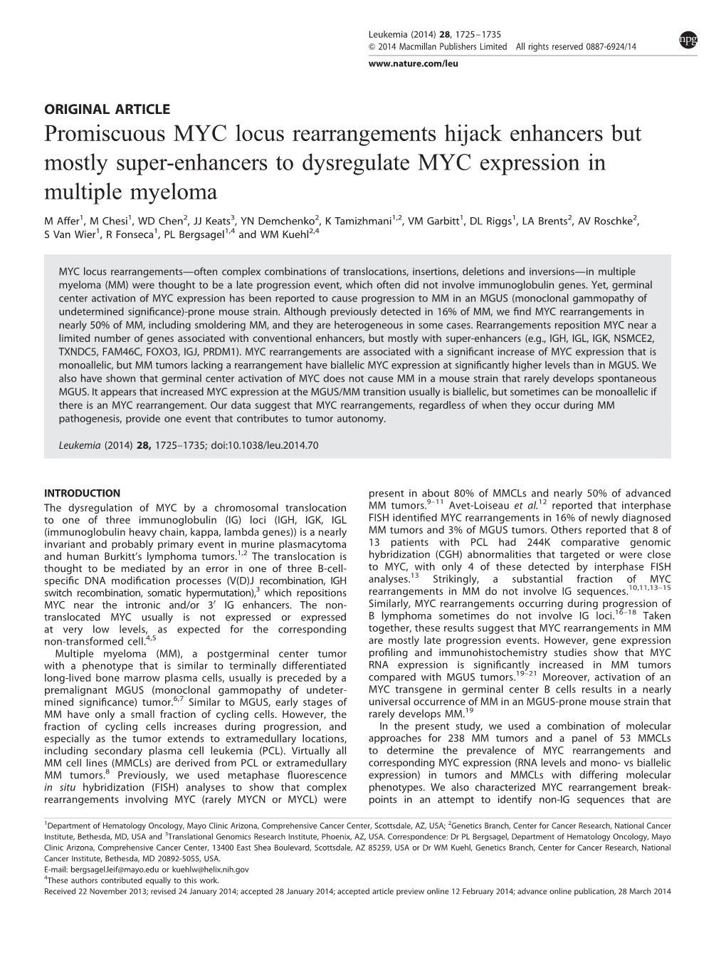 Promiscuous MYC Locus Rearrangements Hijack Enhancers but Mostly Super-Enhancers to Dysregulate MYC Expression in Multiple Myeloma