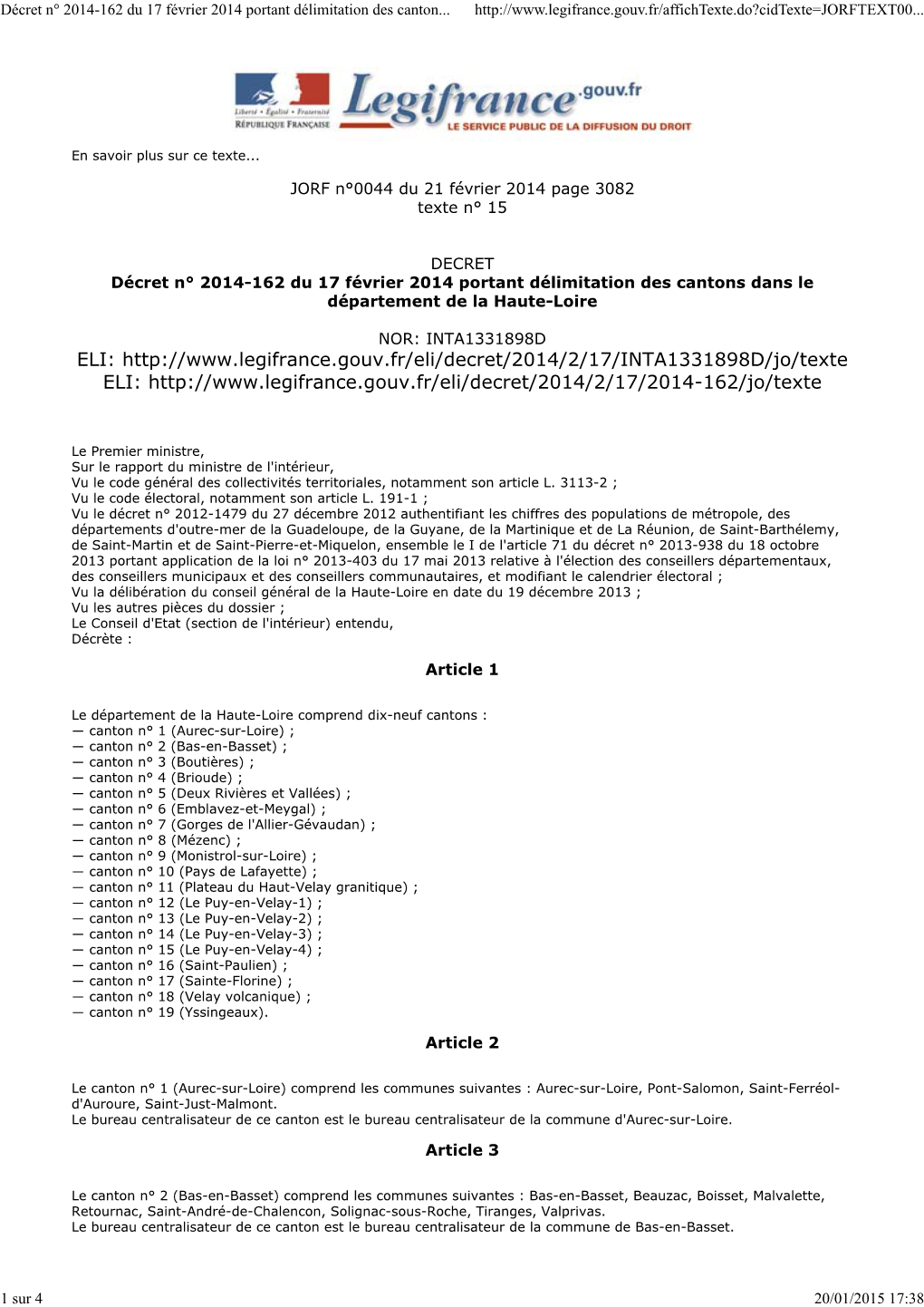 Décret N° 2014-162 Du 17 Février 2014 Portant Délimitation Des Cantons Dans Le Département De La Haute-Loire | Legifrance