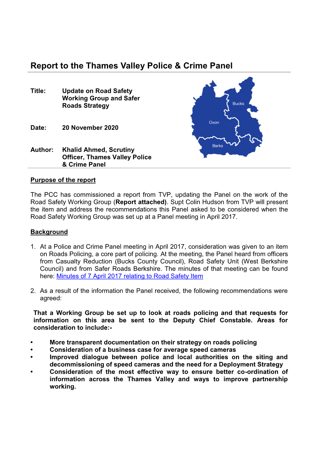 Report to the Thames Valley Police & Crime Panel