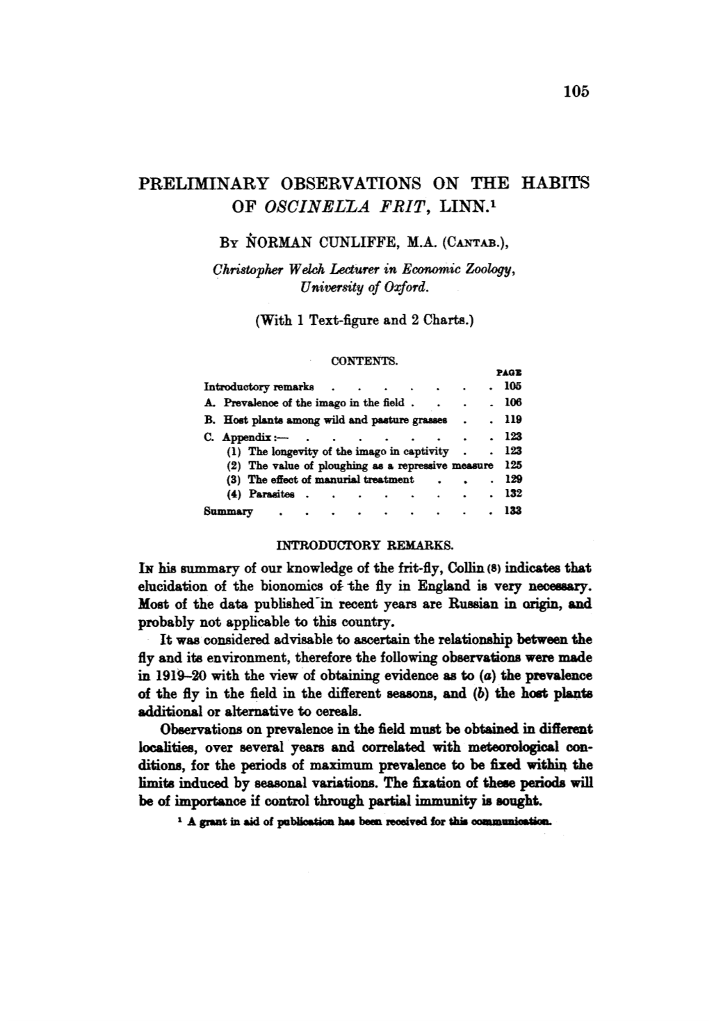 Preliminary Observations on the Habits of Oscinella Frit