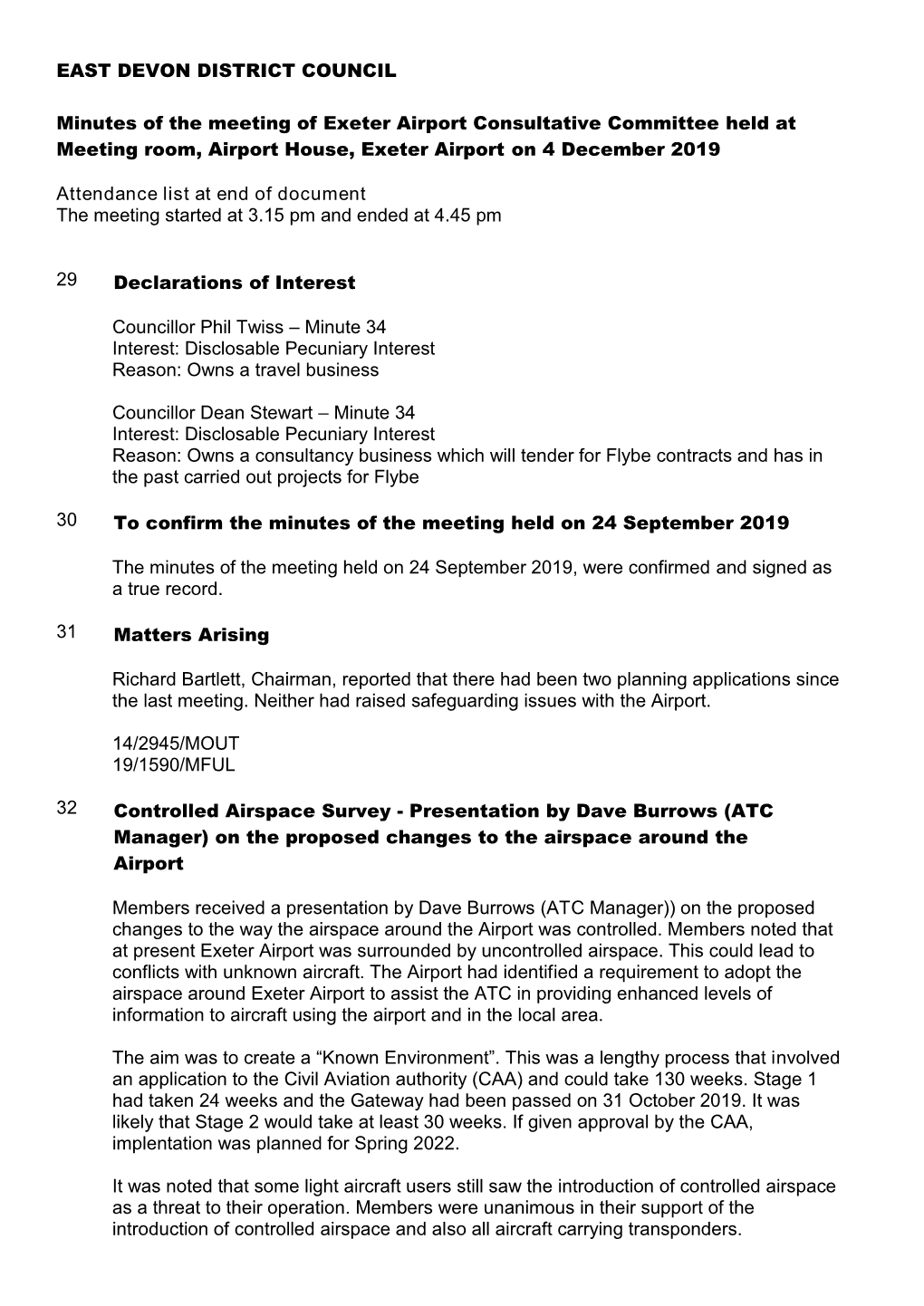 EAST DEVON DISTRICT COUNCIL Minutes of the Meeting of Exeter Airport Consultative Committee Held at Meeting Room, Airport House