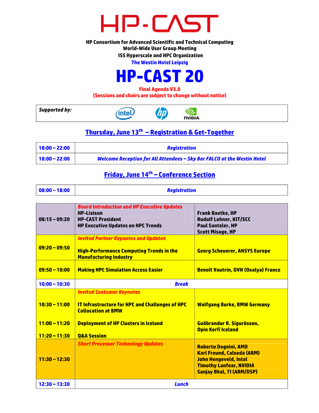 HP-CAST 20 Final Agenda V3.0 (Sessions and Chairs Are Subject to Change Without Notice)