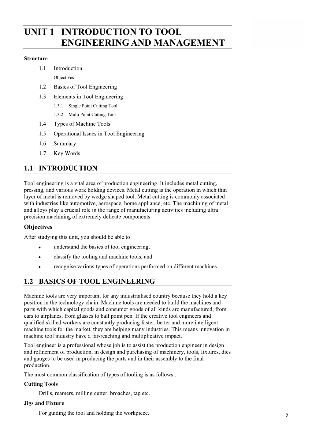 Unit 1 Introduction to Tool Engineering and Management