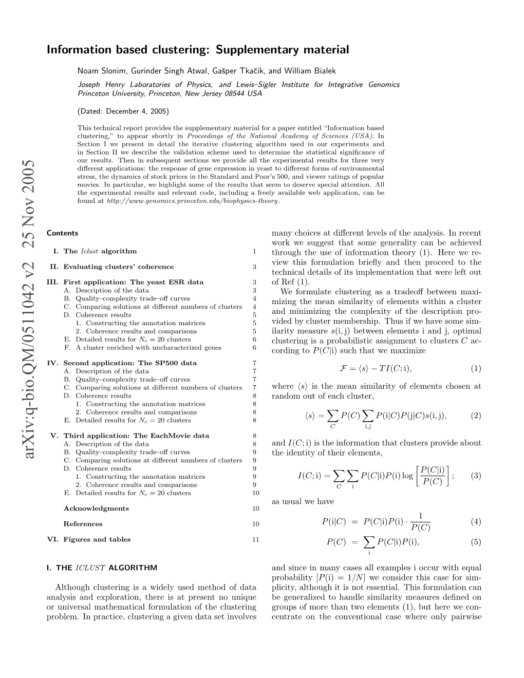 Arxiv:Q-Bio.QM/0511042 V2 25 Nov 2005 Nomto Ae Lseig Upeetr Material Supplementary Clustering: Based Information .THE I