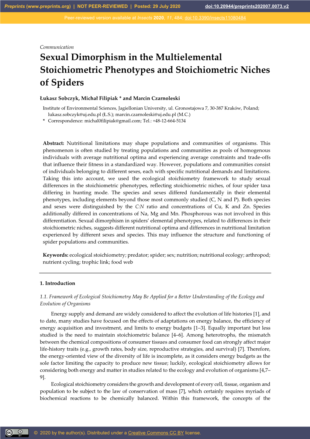 Sexual Dimorphism in the Multielemental Stoichiometric Phenotypes and Stoichiometric Niches of Spiders