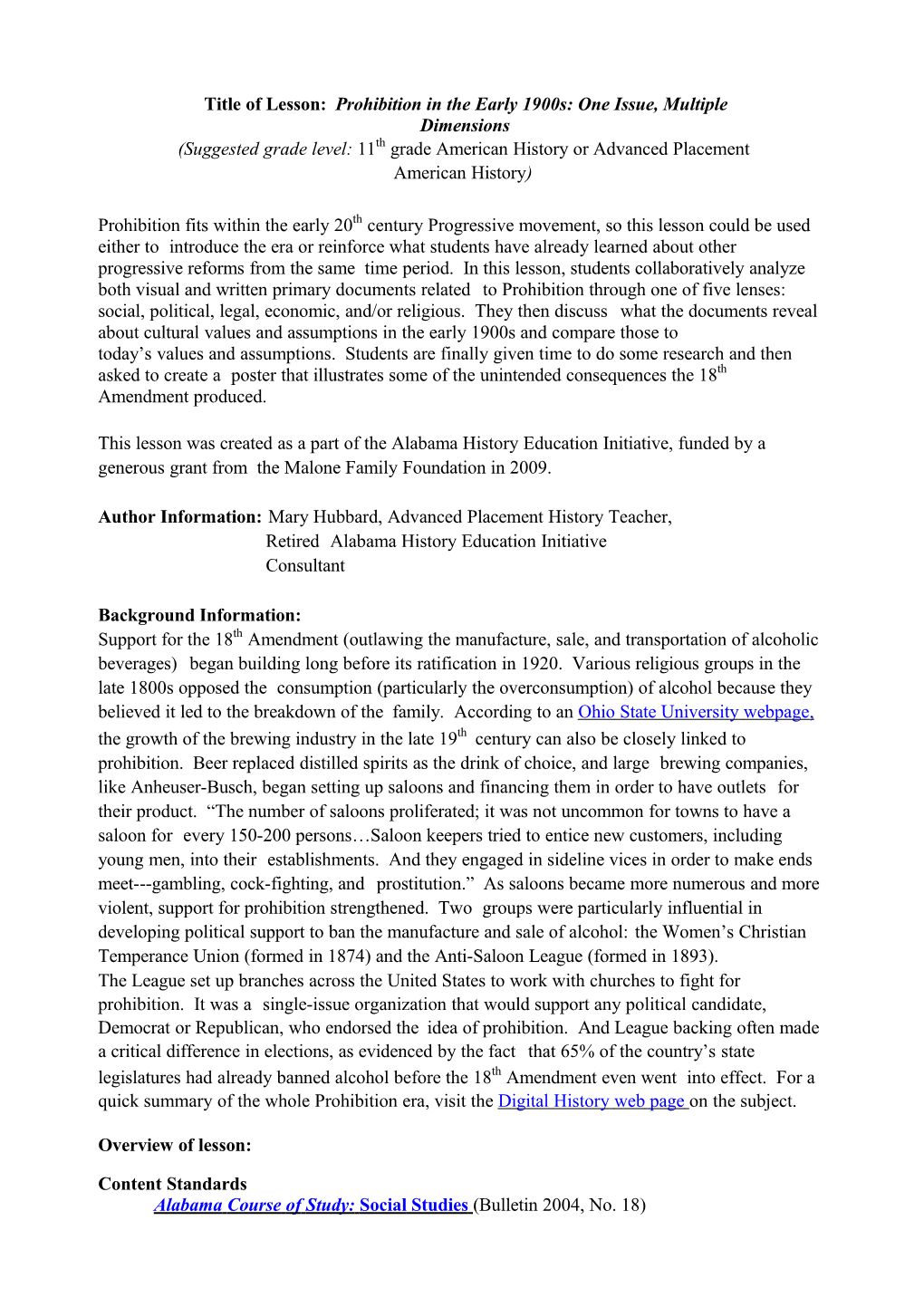 Title of Lesson: Prohibition in the Early 1900S: One Issue, Multiple Dimensions