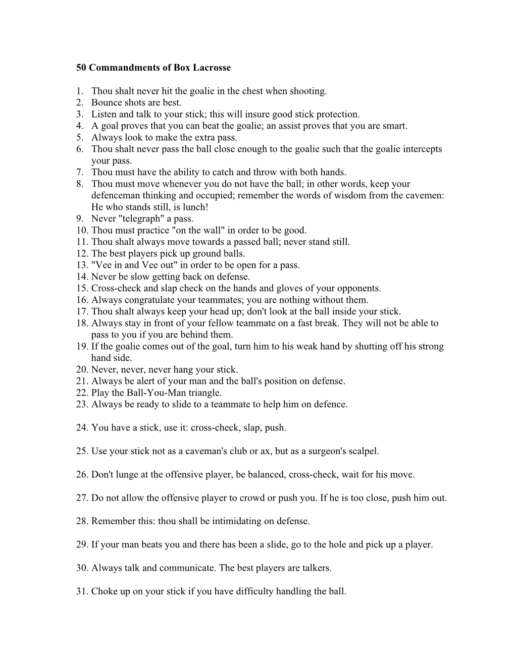 50 Commandments of Box Lacrosse