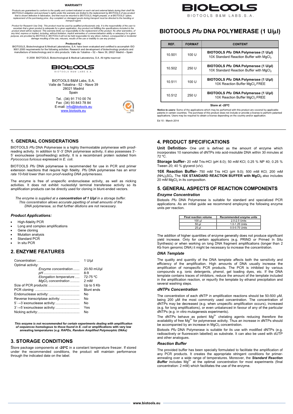 BIOTOOLS Pfu DNA POLYMERASE (1 U/Μl)