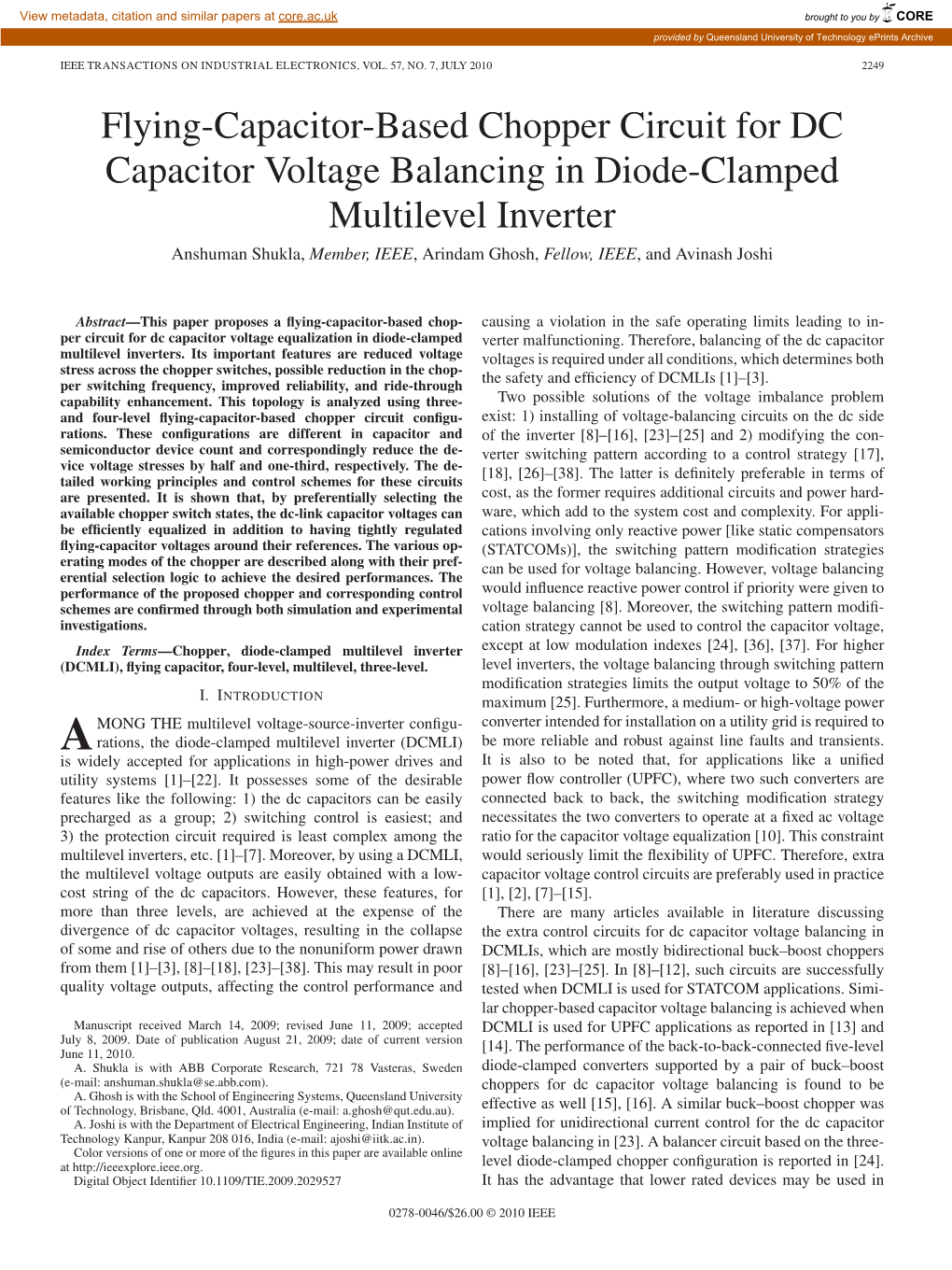 Flying-Capacitor-Based Chopper Circuit for DC Capacitor Voltage Balancing in Diode-Clamped Multilevel Inverter