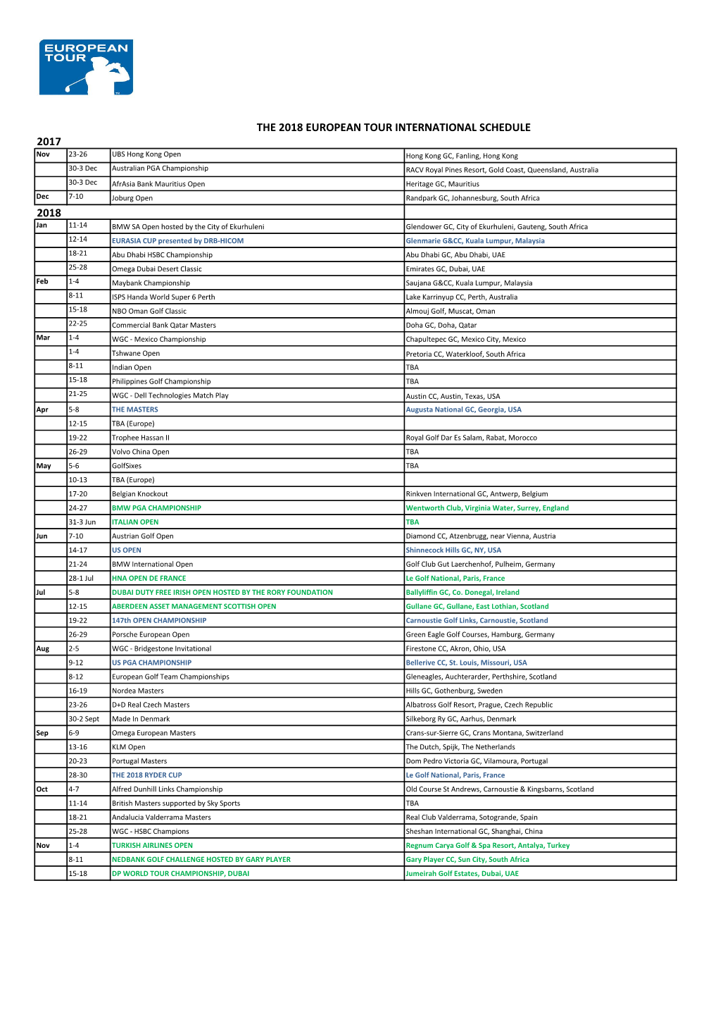 2017 2018 the 2018 European Tour International Schedule