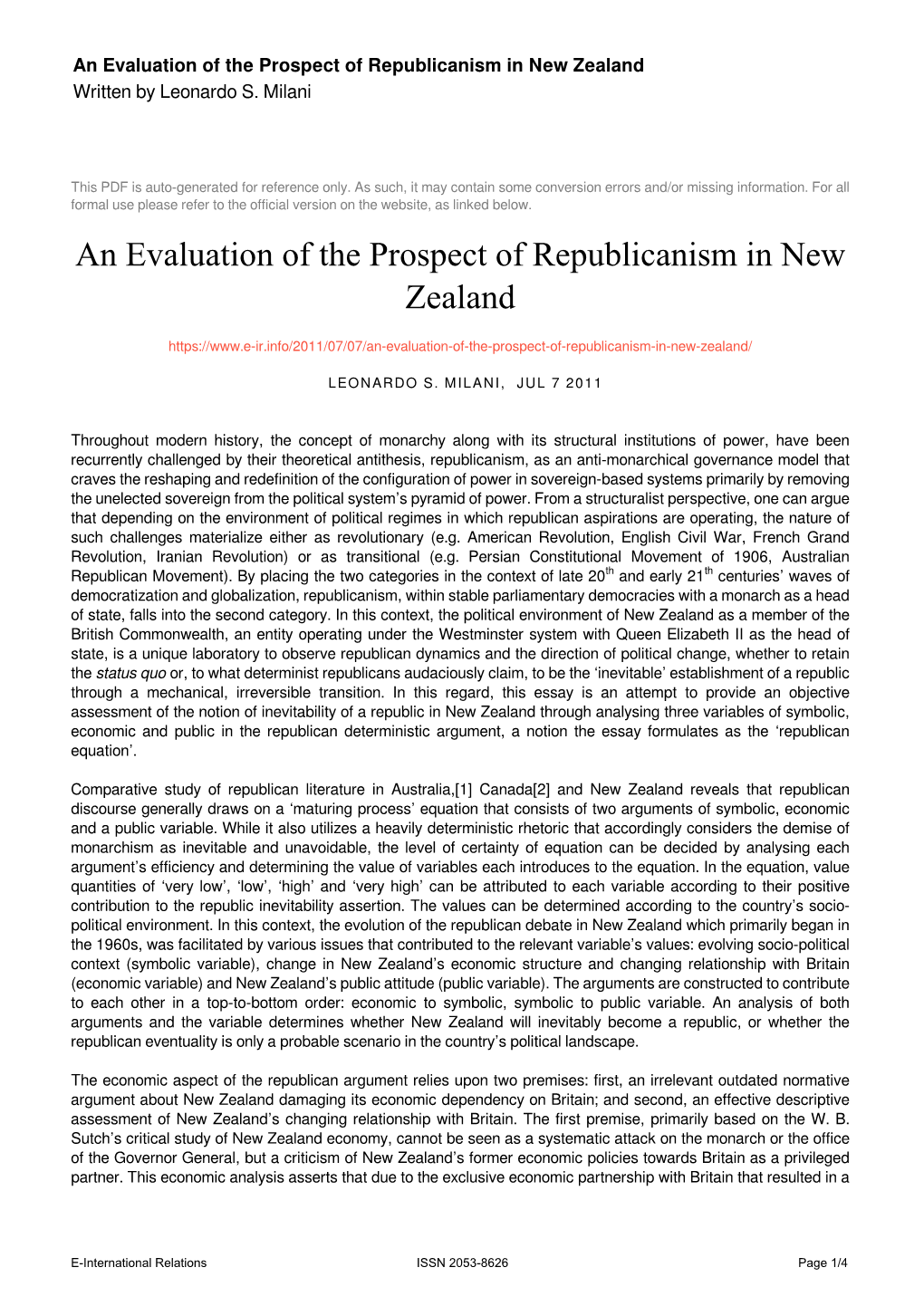 An Evaluation of the Prospect of Republicanism in New Zealand Written by Leonardo S