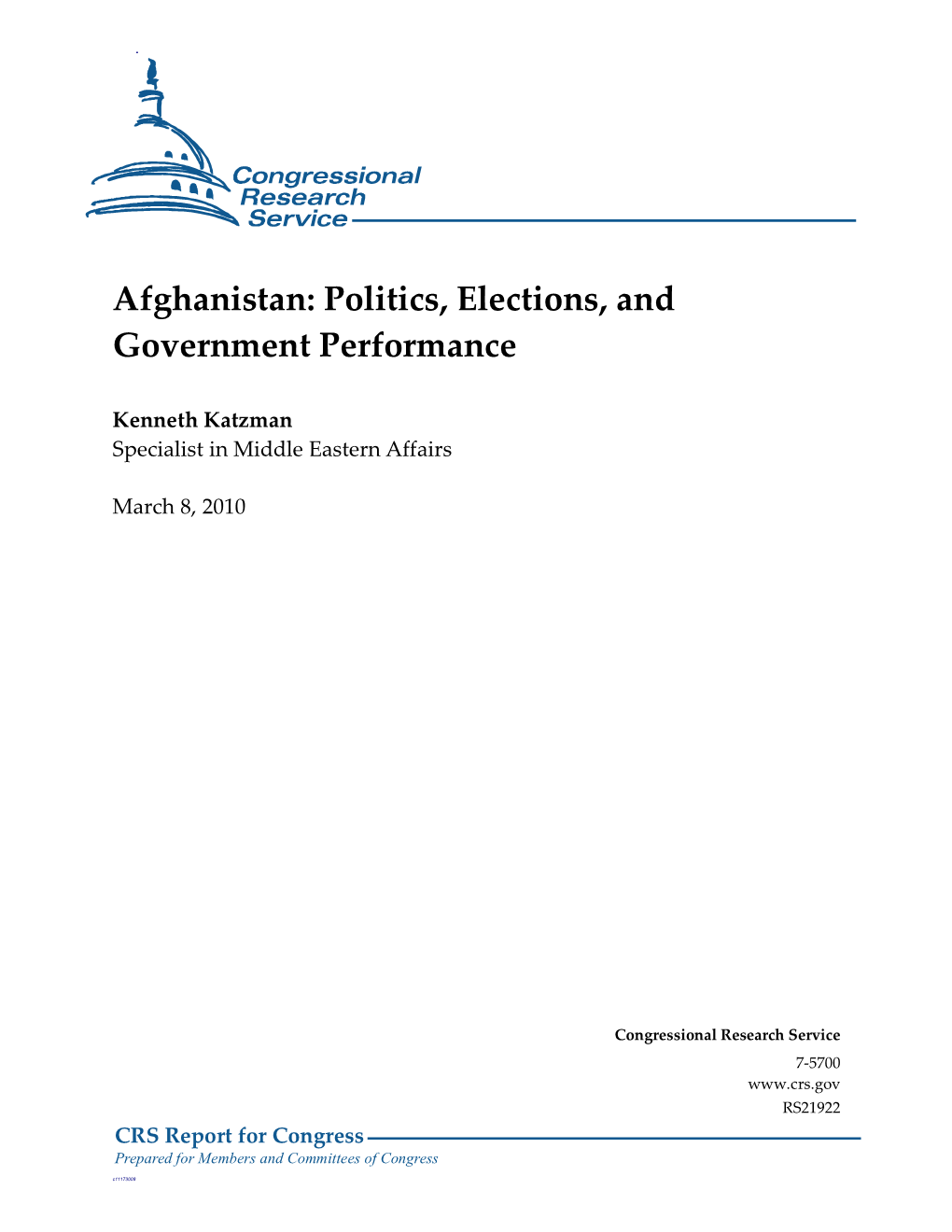 Afghanistan: Politics, Elections, and Government Performance