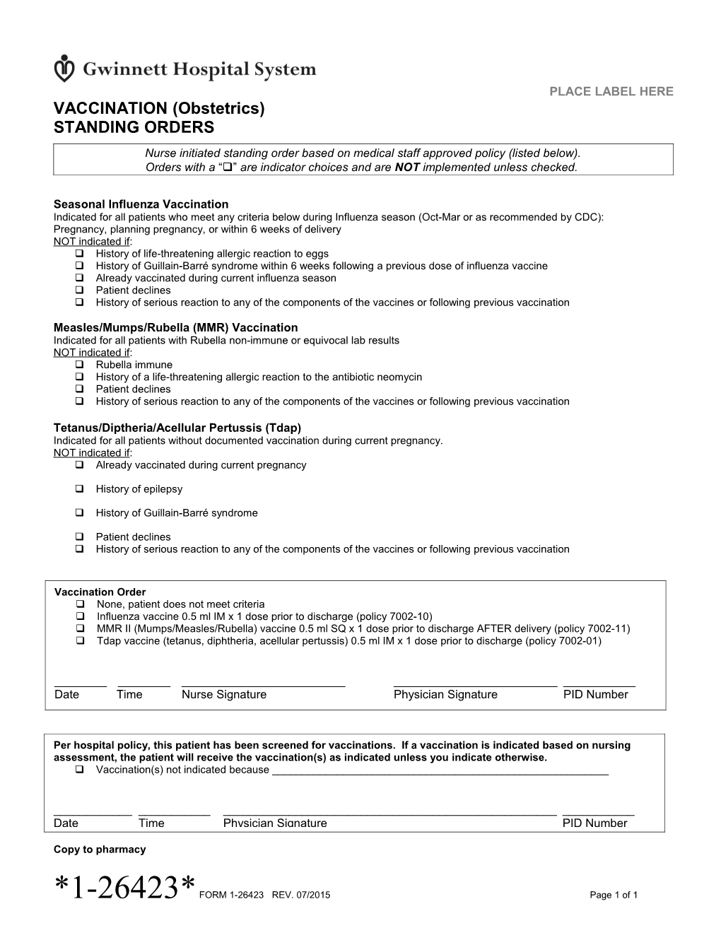 Vaccination Obstetrics Standing Orders