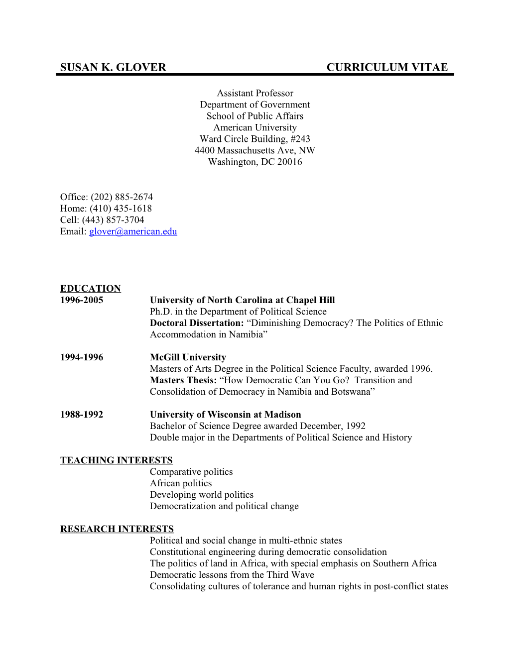 Susan K. Glover Curriculum Vitae