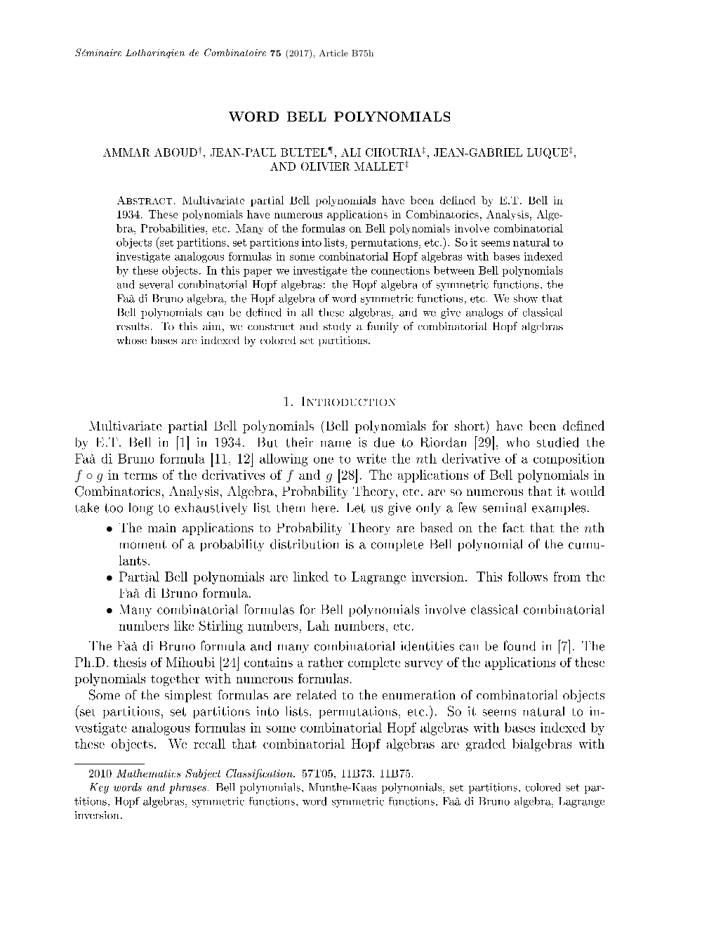 1. Introduction Multivariate Partial Bell Polynomials (Bell Polynomials for Short) Have Been DeNed by E.T