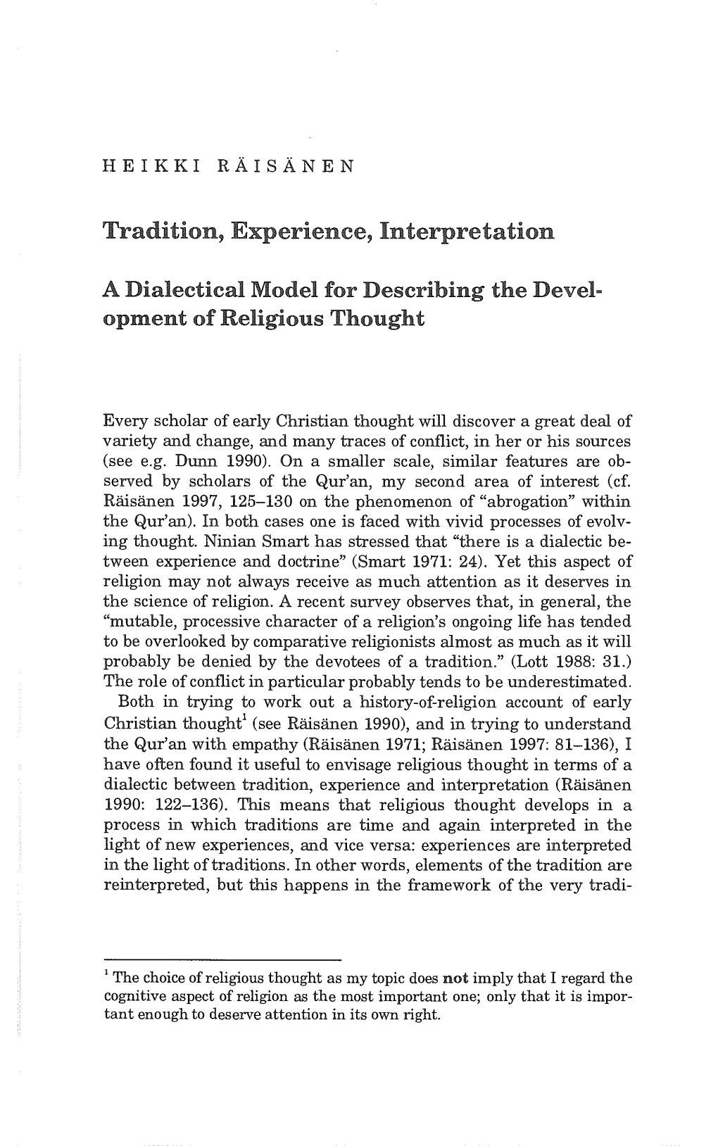 Tradition, Experience, Interpretation a Dialectical Model for Describing The