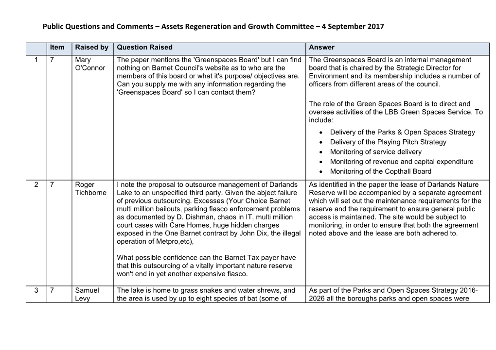 Public Questions and Comments – Assets Regeneration and Growth Committee – 4 September 2017