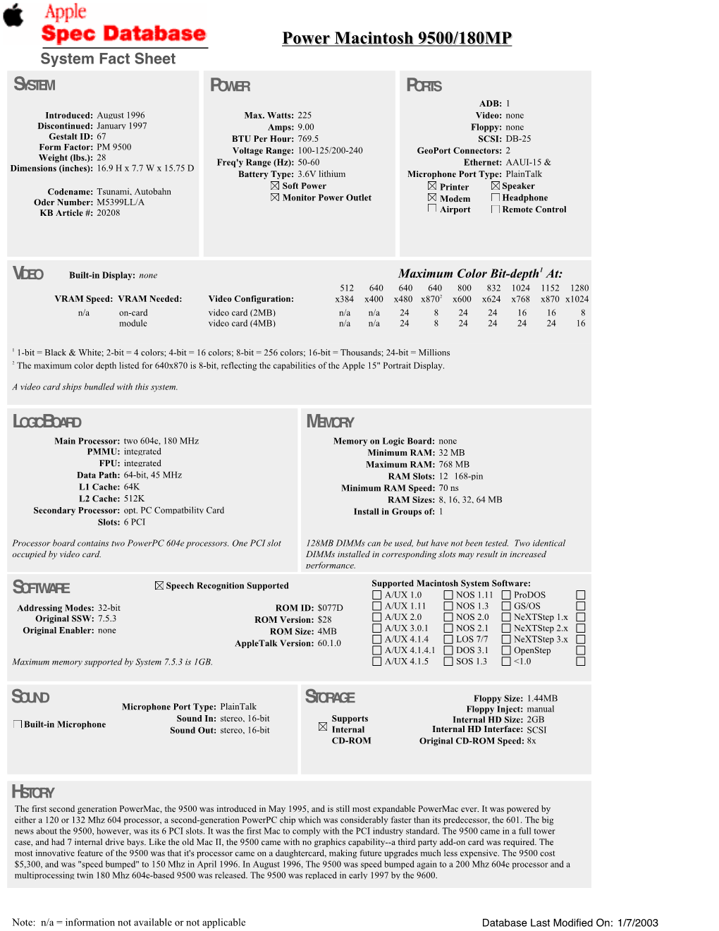 Power Macintosh 9500/180MP System Fact Sheet SYSTEM POWER PORTS ADB: 1 Introduced: August 1996 Max