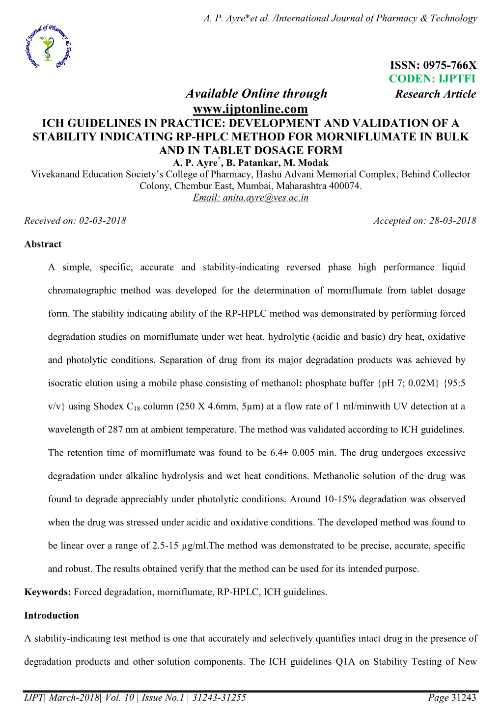 Development and Validation of a Stability Indicating Rp-Hplc Method for Morniflumate in Bulk and in Tablet Dosage Form A