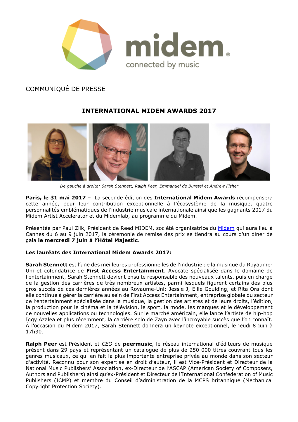 Communiqué De Presse International Midem Awards