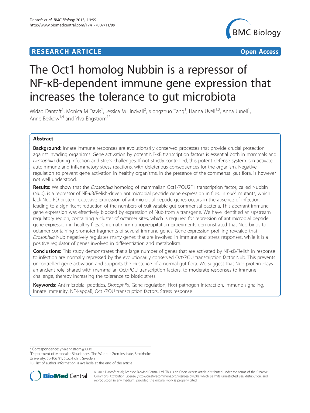 The Oct1 Homolog Nubbin Is a Repressor of NF-Κb-Dependent Immune Gene Expression That Increases the Tolerance to Gut Microbiota