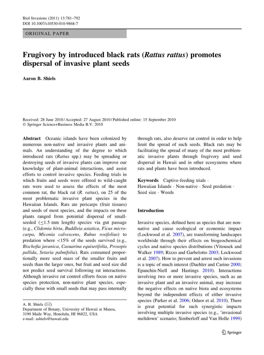 (Rattus Rattus) Promotes Dispersal of Invasive Plant Seeds