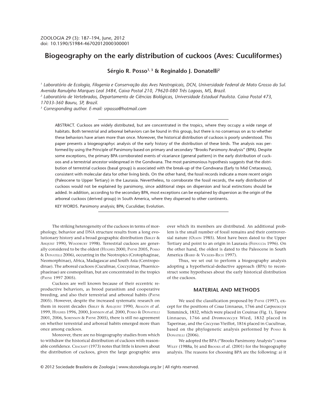 Biogeography on the Early Distribution of Cuckoos (Aves: Cuculiformes)