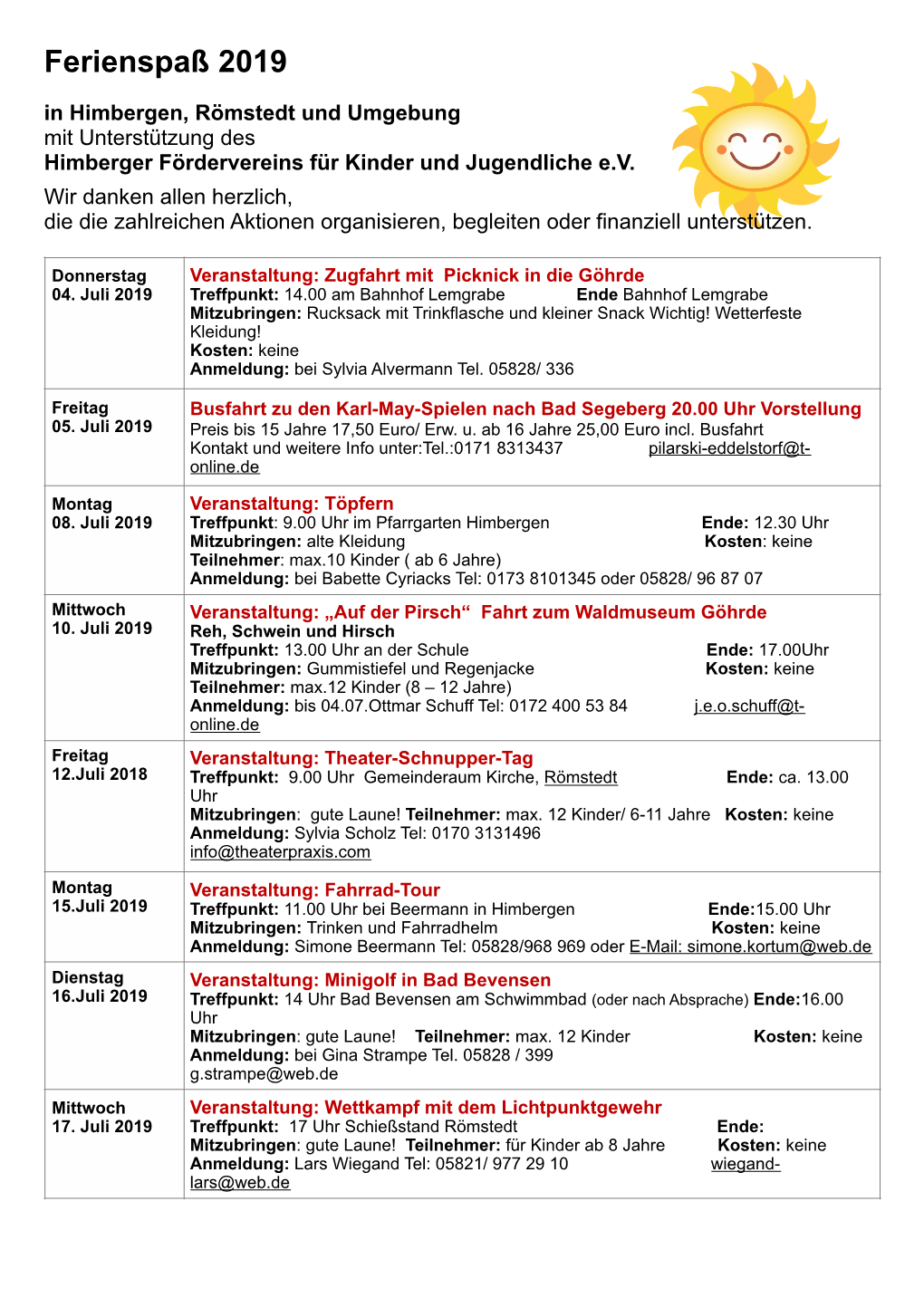 Ferienspaß 2019 in Himbergen, Römstedt Und Umgebung Mit Unterstützung Des Himberger Fördervereins Für Kinder Und Jugendliche E.V