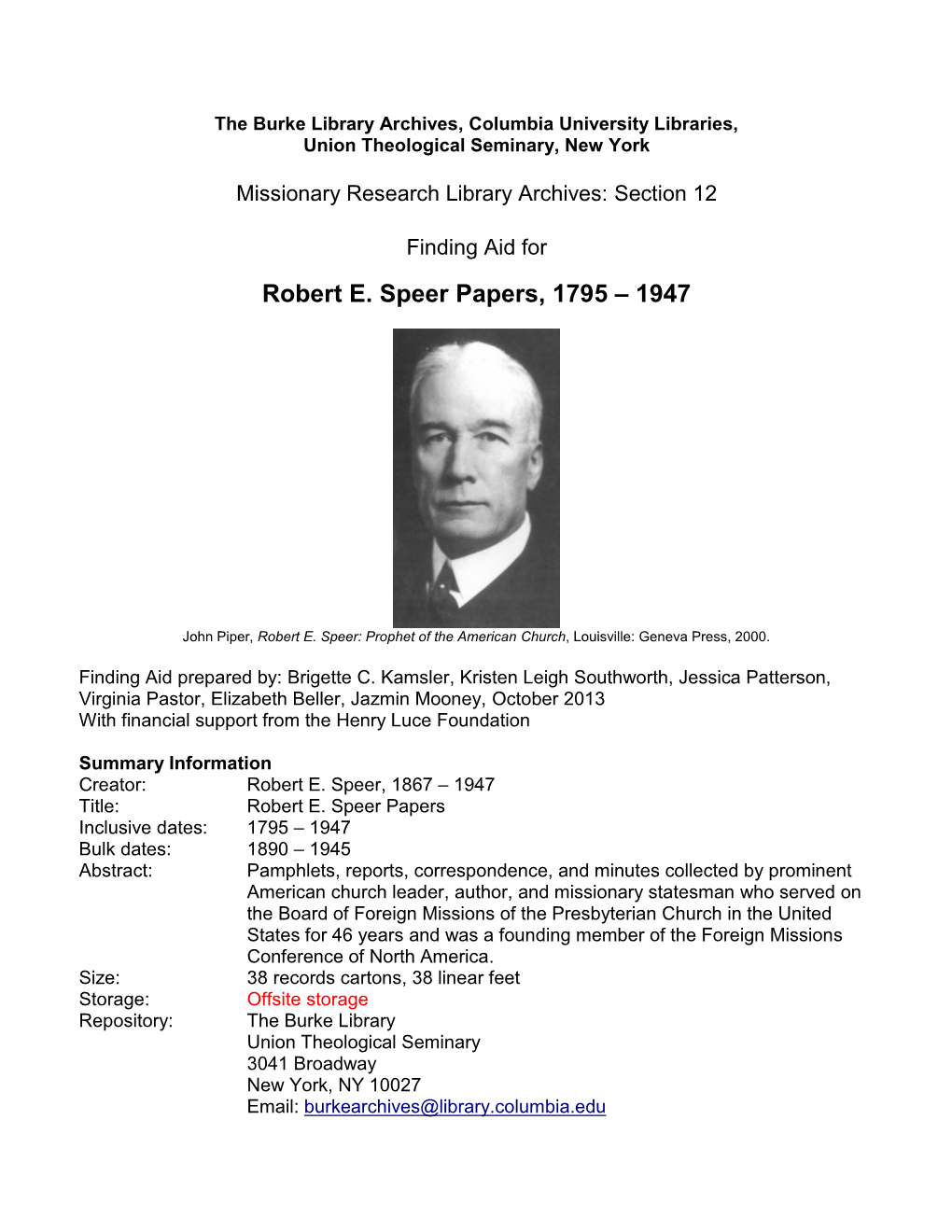 Robert Speer Papers, 1795-1947