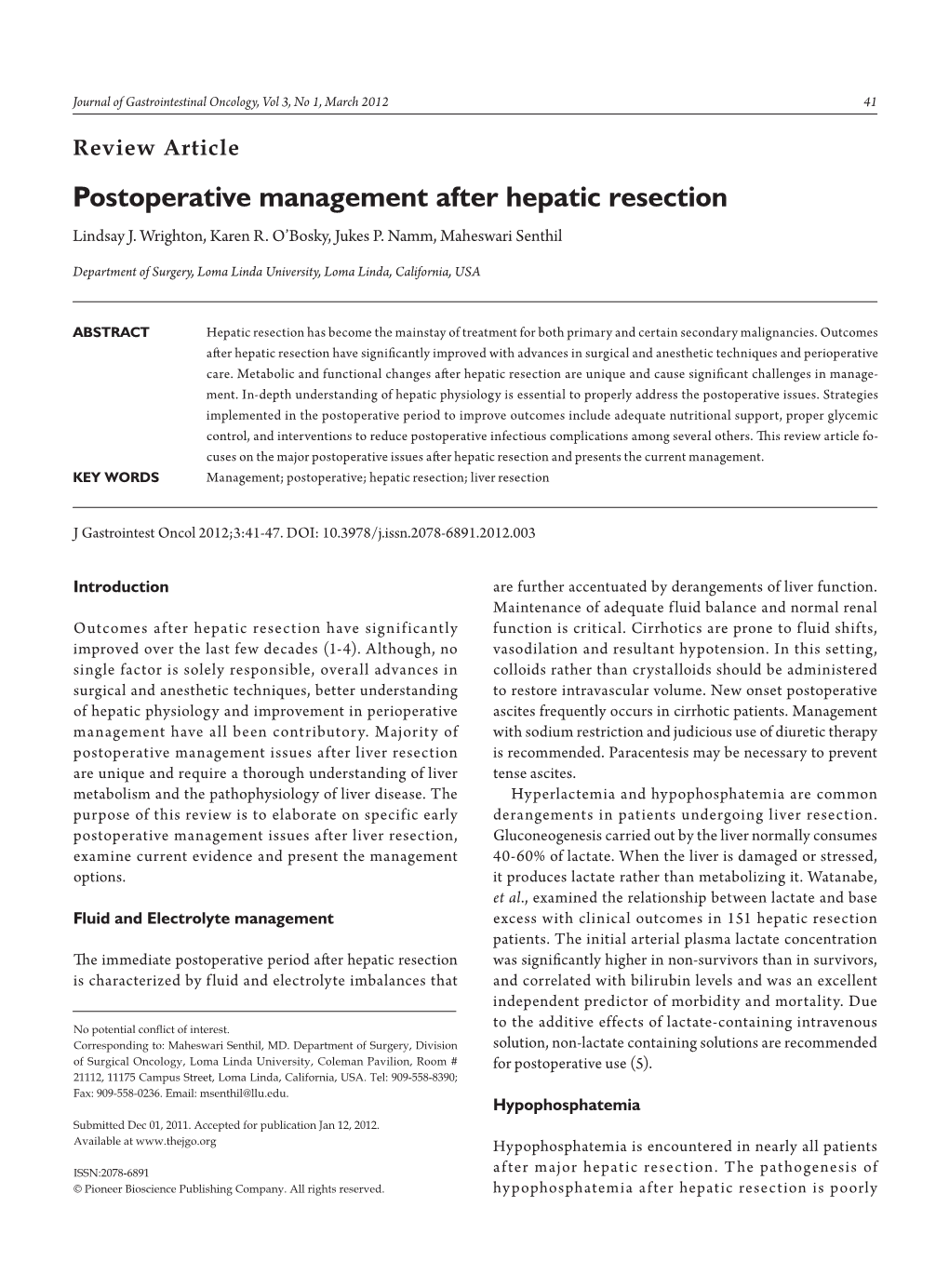 Postoperative Management After Hepatic Resection Lindsay J