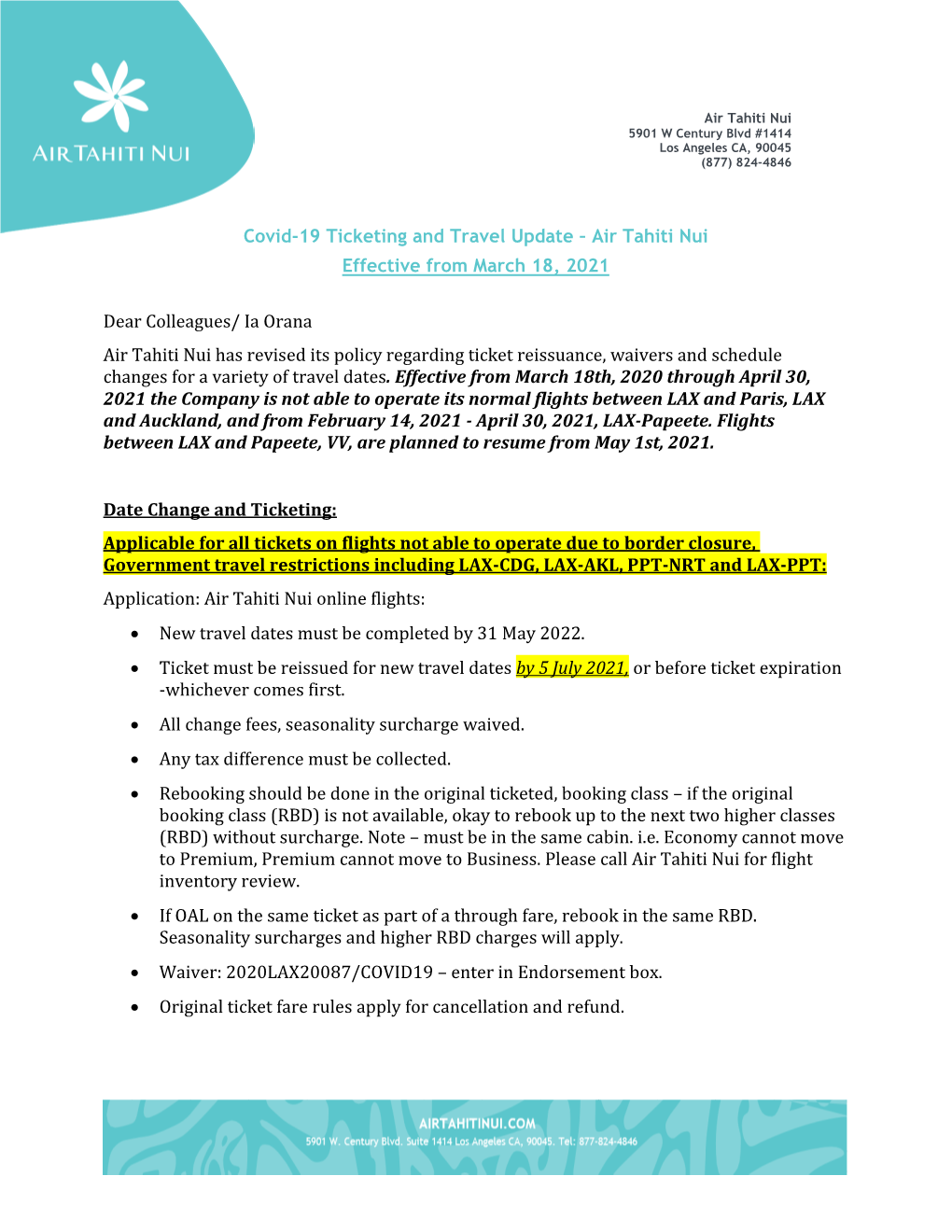 Covid-19 Ticketing and Travel Update – Air Tahiti Nui Effective from March 18, 2021