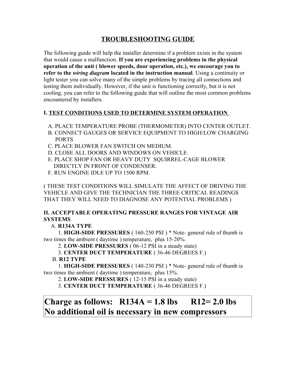 I. Test Conditions Used to Determine System Operation