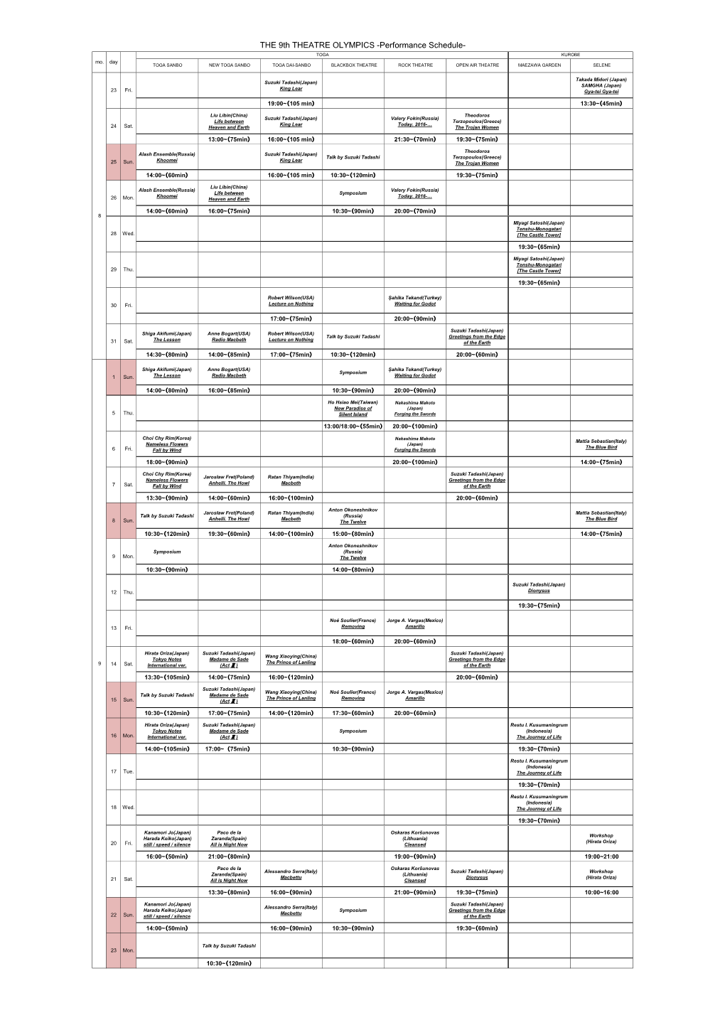 THE 9Th THEATRE OLYMPICS -Performance Schedule- TOGA KUROBE Mo