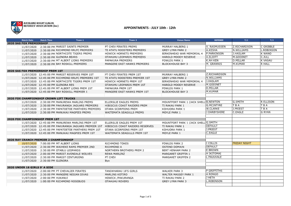 APPOINTMENTS - JULY 10Th - 12Th