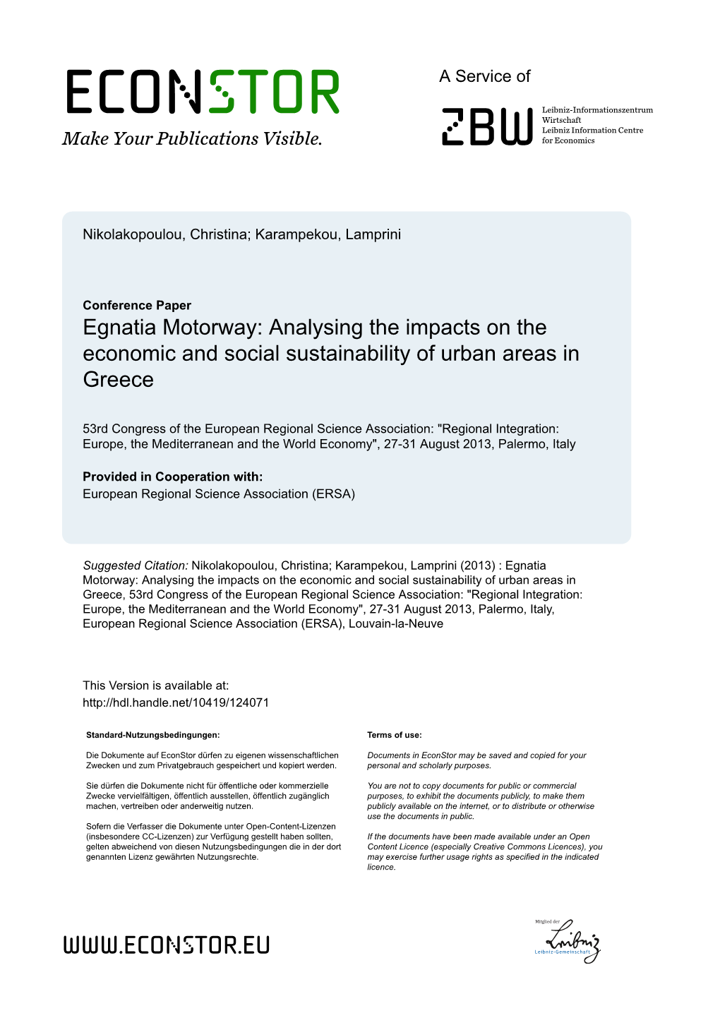 Egnatia Motorway: Analysing the Impacts on the Economic and Social Sustainability of Urban Areas in Greece