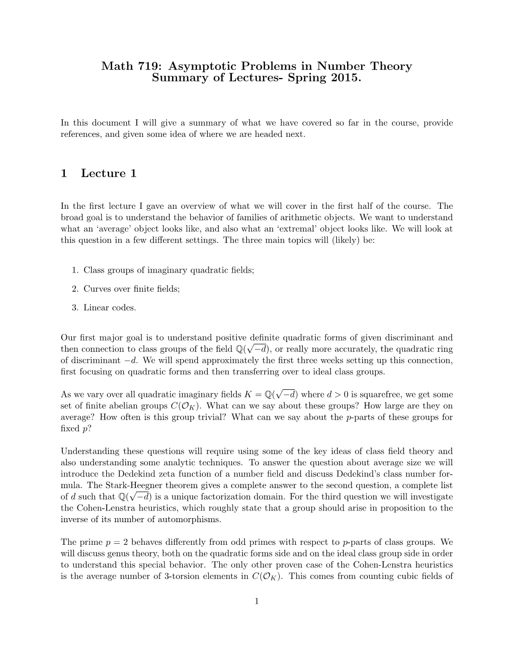 Asymptotic Problems in Number Theory Summary of Lectures- Spring 2015