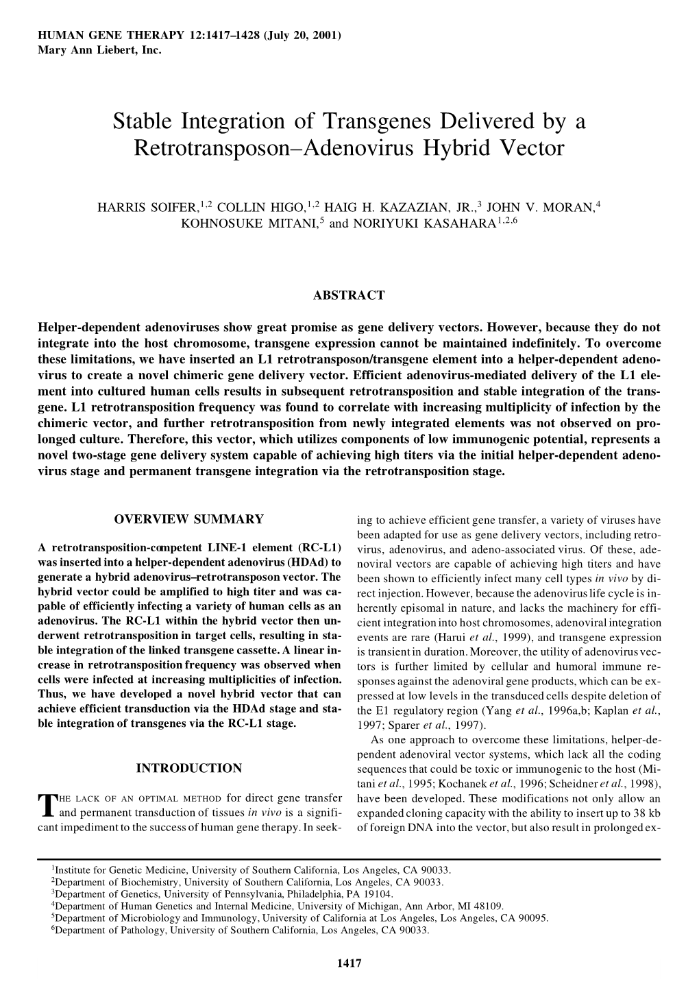 Stable Integration of Transgenes Delivered by a Retrotransposon–Adenovirus Hybrid Vector