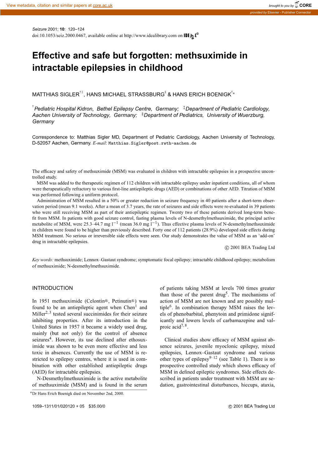 Methsuximide in Intractable Epilepsies in Childhood