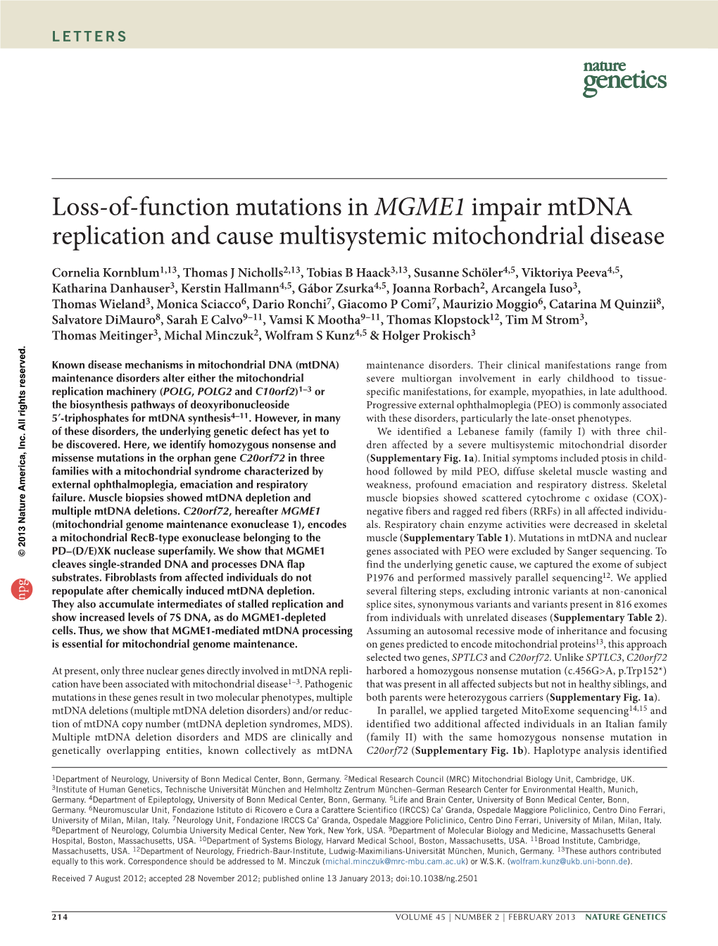 Loss-Of-Function Mutations in MGME1 Impair Mtdna Replication and Cause Multisystemic Mitochondrial Disease