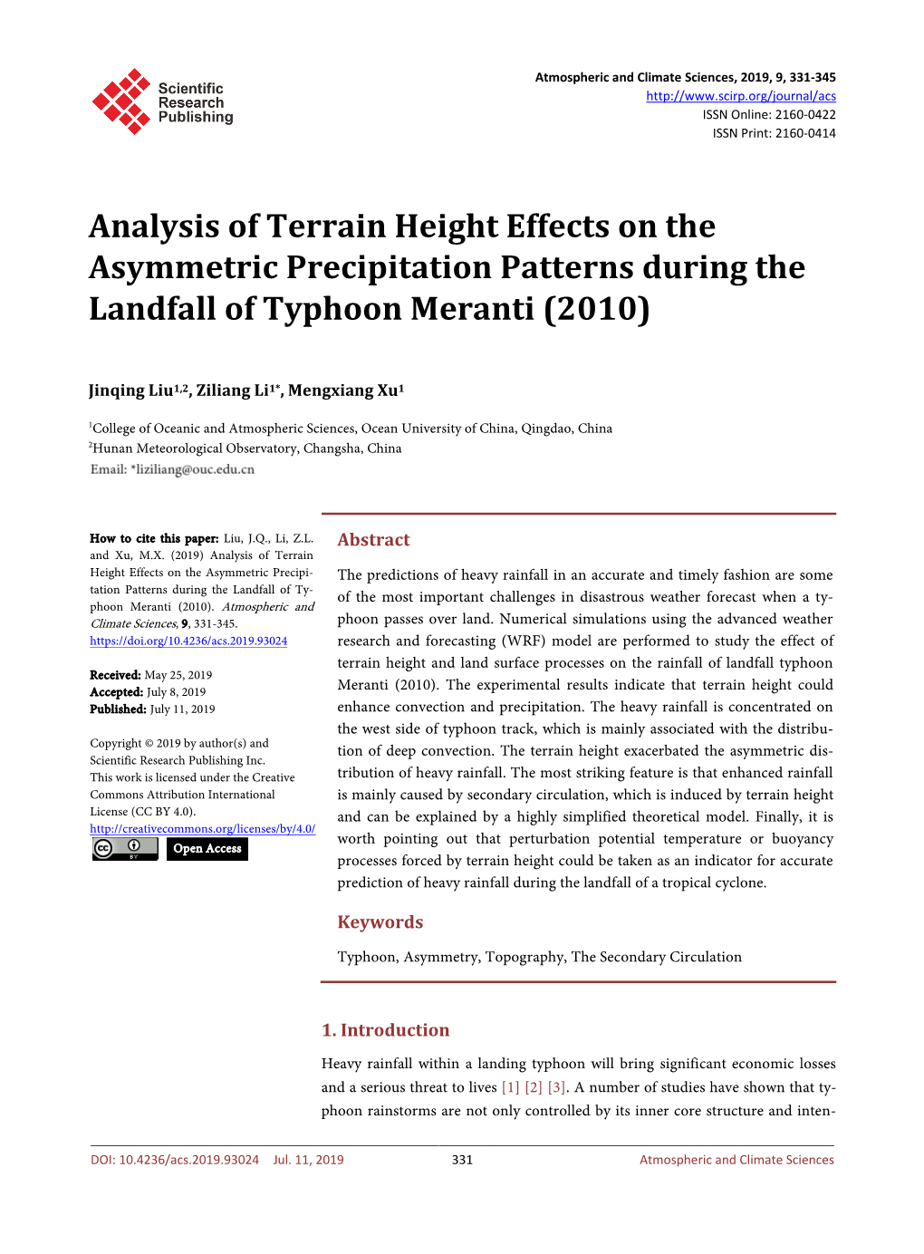 Analysis of Terrain Height Effects on the Asymmetric Precipitation Patterns During the Landfall of Typhoon Meranti (2010)