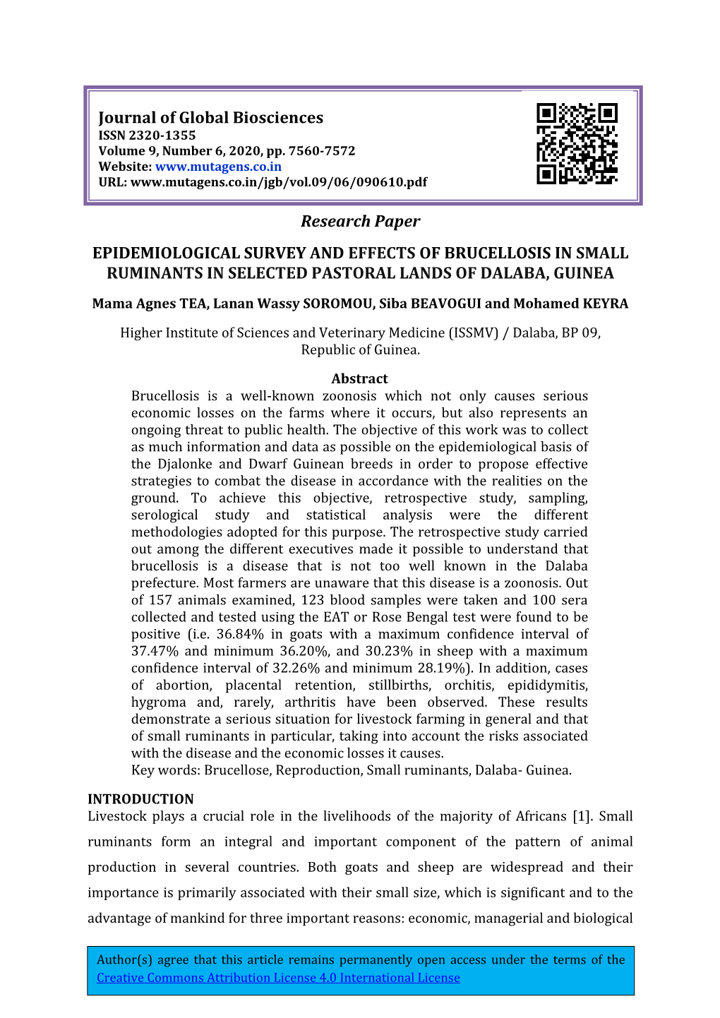 Research Paper EPIDEMIOLOGICAL SURVEY and EFFECTS of BRUCELLOSIS in SMALL RUMINANTS in SELECTED PASTORAL LANDS of DALABA, GUINEA