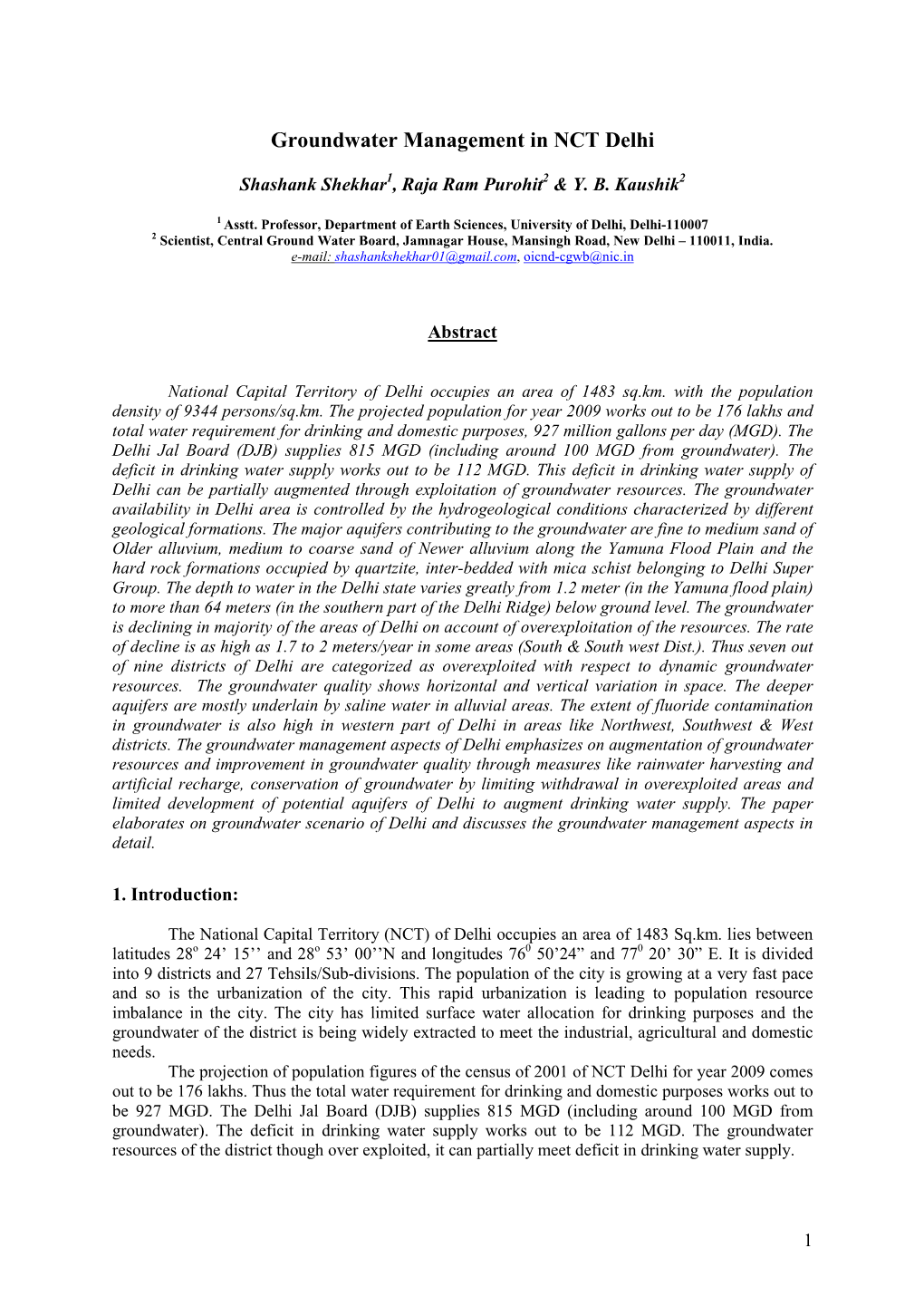 Groundwater Management in NCT Delhi