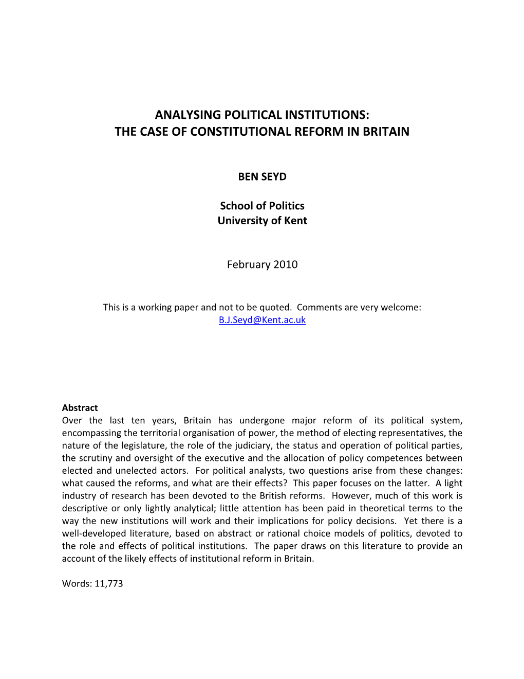 Analysing Political Institutions: the Case of Constitutional Reform in Britain