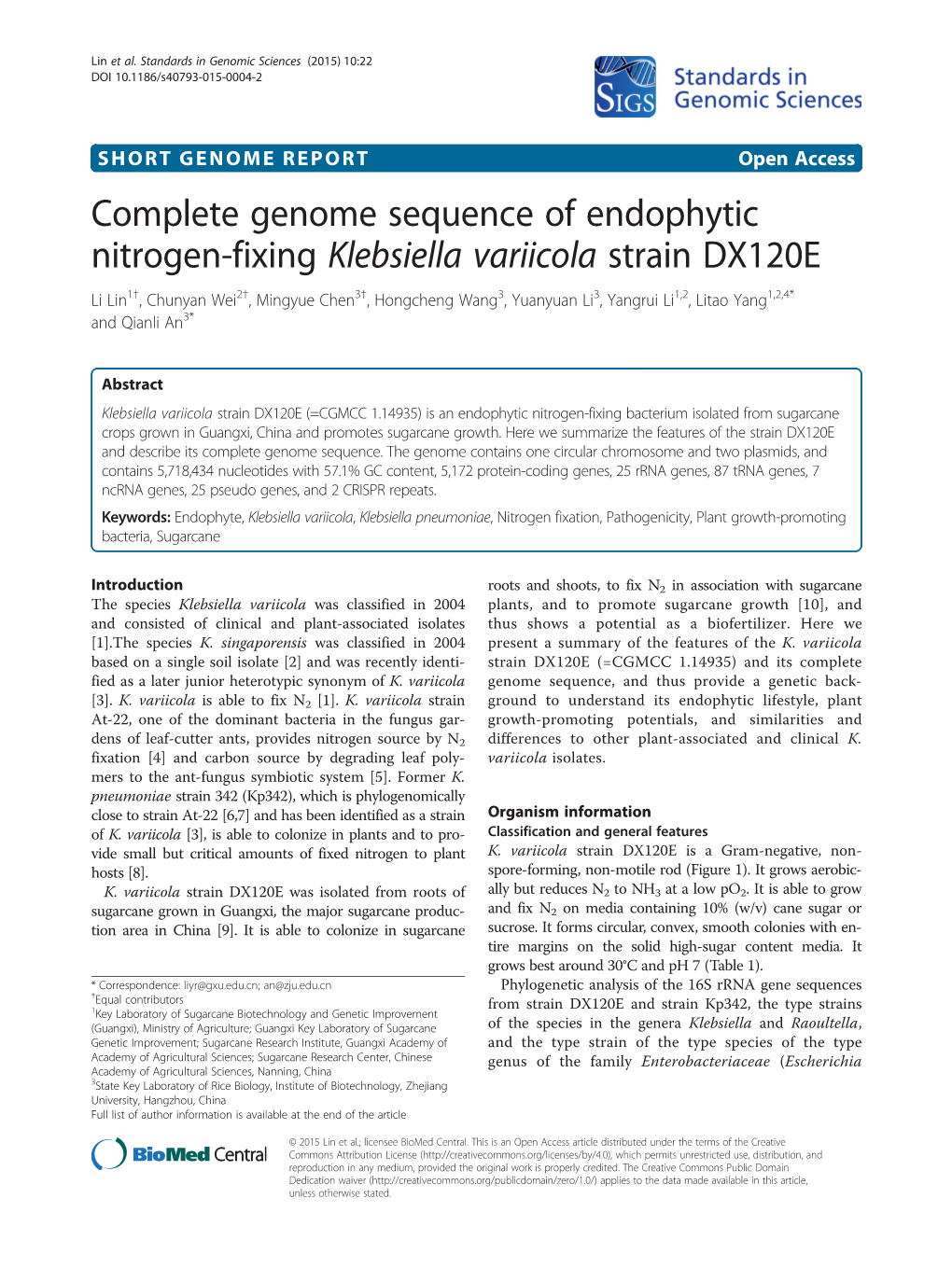 Complete Genome Sequence of Endophytic Nitrogen-Fixing