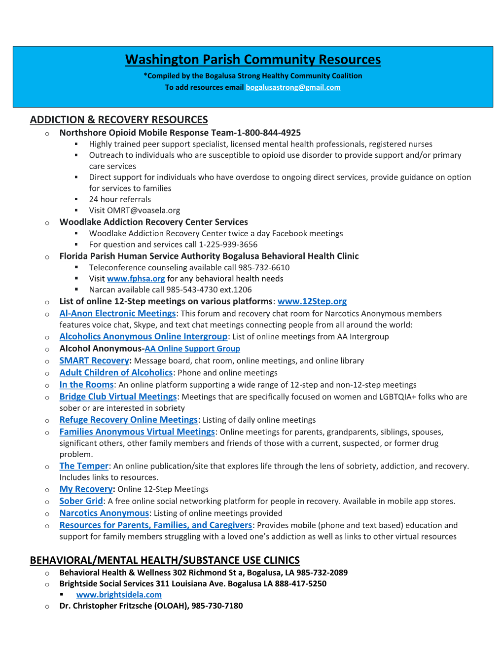 Washington Parish Community Resources *Compiled by the Bogalusa Strong Healthy Community Coalition to Add Resources Email Bogalusastrong@Gmail.Com