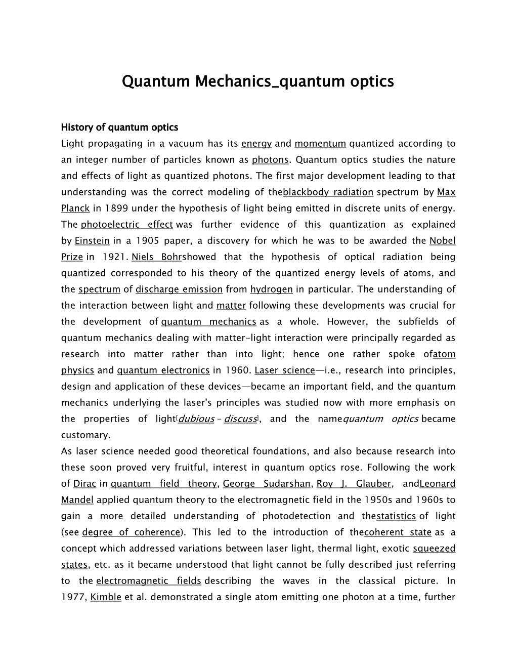 Quantum Mechanics Quantum Optics