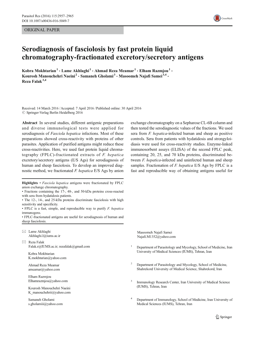 Serodiagnosis of Fasciolosis by Fast Protein Liquid Chromatography-Fractionated Excretory/Secretory Antigens