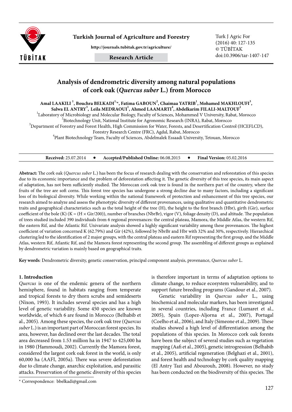 Analysis of Dendrometric Diversity Among Natural Populations of Cork Oak (Quercus Suber L.) from Morocco