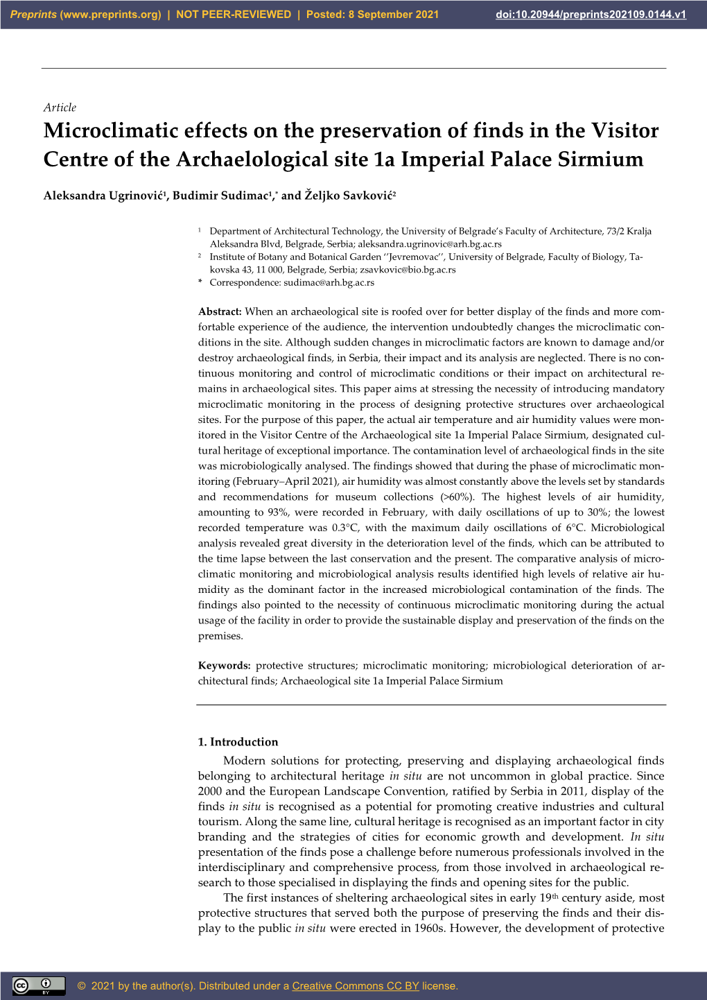 Microclimatic Effects on the Preservation of Finds in the Visitor Centre of the Archaelological Site 1A Imperial Palace Sirmium