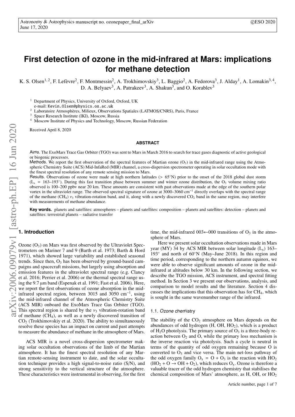 Arxiv:2006.09079V1 [Astro-Ph.EP] 16 Jun 2020 of Methane (CH4), As Well As a Newly Discovered Transition of CO2 (Trokhimovskiy Et Al